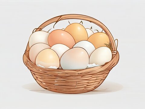 Wicker basket with chicken eggs table Easter.