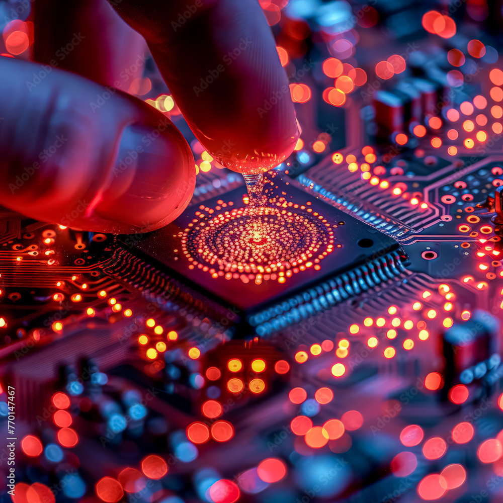 Poster a hand is touching a computer chip, which is glowing red. concept of curiosity and fascination with 