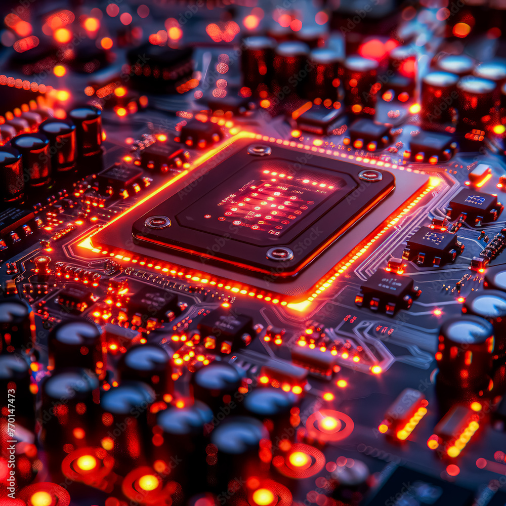 Poster a close up of a computer chip with a red glow. the chip is a microprocessor and is surrounded by oth