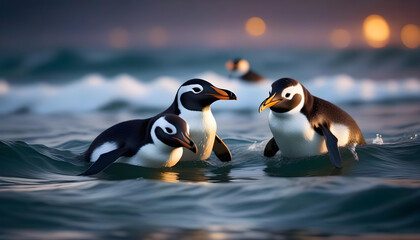 Fototapeta premium A group of penguins swimming in the ocean at night during a storm, with dramatic lighting