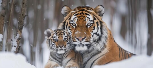 Fototapeta na wymiar Male tiger and cub portrait with spacious area for text, object positioned on the right side