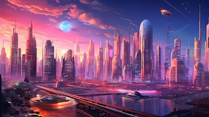 Futuristic city at night. 3D render. Panorama