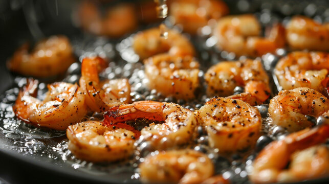 Fresh shrimp sizzling in a hot frying pan, being cooked to perfection.