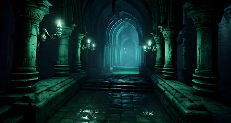 Deurstickers a dark and creepy church with stone columns and green lights © Michael