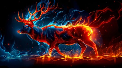 A deer is in flames on a black background. A magical creature made of fire.