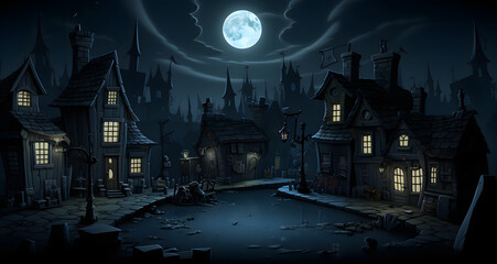 a very dark and scary looking town with a huge moon