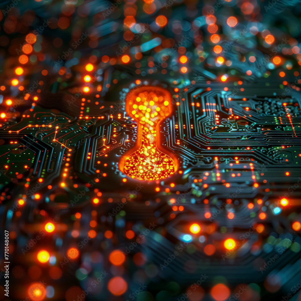 Poster a computer chip with a keyhole in the middle. the chip is glowing with a bright orange light