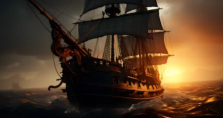 Foto op Plexiglas an old pirate ship sailing on waves near sunset © Michael