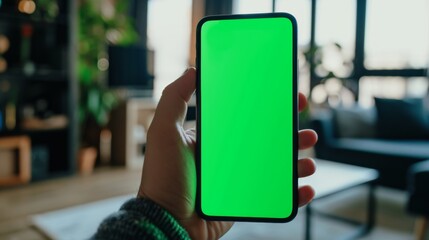 Man holding green screen mobile phone indoors,copy space,mockup
