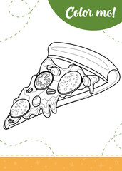 Coloring page for kids with yummy pizza slice. A printable worksheet, vector illustration.

