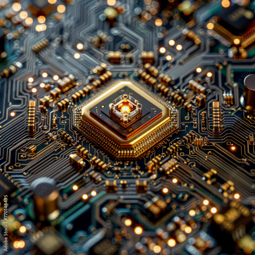 Poster a close up of a computer chip with a red glow. the chip is a microprocessor and is surrounded by oth