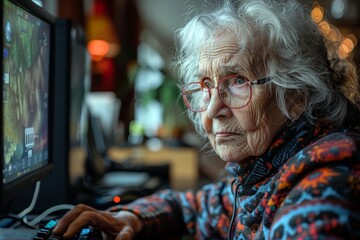 Elderly woman concentrating on computer game - obrazy, fototapety, plakaty