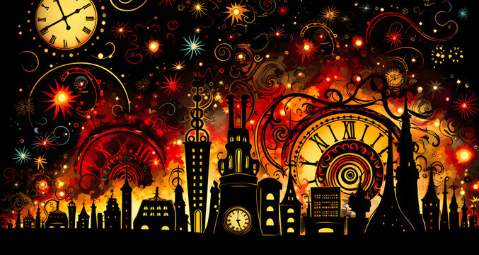 a background image of fireworks exploding in the sky with buildings
