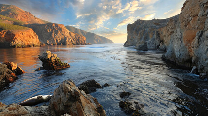 Fototapeta na wymiar A serene coastal inlet with calm waters and rocky cliffs, where seals bask in the sun