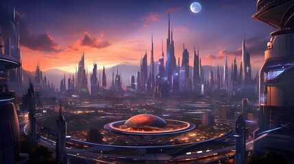 Futuristic city panorama at sunset, Dubai, United Arab Emirates - obrazy, fototapety, plakaty