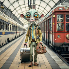 funny male alien going on railway station with his luggage.  Digital artwork.  Ai generated - 770148832