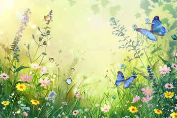 Fototapeta na wymiar meadow with flowers and butterflies