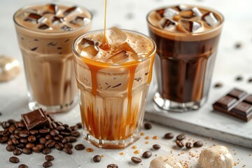Iced coffee, creamy, flavorful blends of chilled coffee, a refreshing beverage option enjoyed cold hot weather , a delightful blend of coffee flavor and chill.