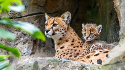 Male serval and serval kitten portrait with empty space for text, object on the side