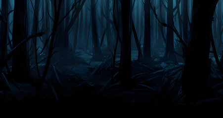 dark forest with fogy trees and ground