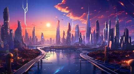 Futuristic city at sunset. Panoramic view of the city.