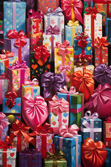 Fototapeta na wymiar A Festive Pile of Beautifully Wrapped Gift Boxes – Celebration, Joy, and the Spirit of Giving