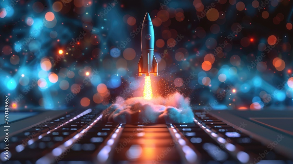 Poster a computer keyboard with a rocket coming out of it.
