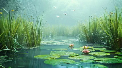 Foto op Canvas A tranquil pond surrounded by tall grasses and water lilies, with dragonflies darting above the surface © Image Studio