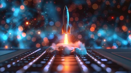 A computer keyboard with a rocket coming out of it.