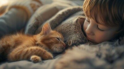 Little boy playing with a kitten friends together - obrazy, fototapety, plakaty