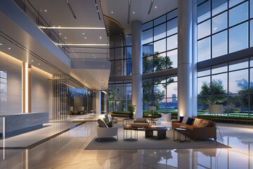 A contemporary office tower with a sleek glass facade, landscaped surroundings, and a grand lobby.