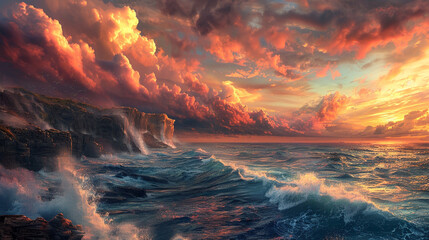 A majestic coastal cliff with crashing waves below, under a dramatic sky painted with hues of orange and pink