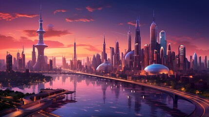 Fototapeta na wymiar Panoramic view of Shanghai skyline at sunset, China. Panorama