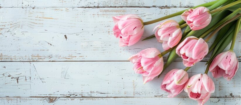 Tulip flowers in pink color arranged on a worn white wooden table.