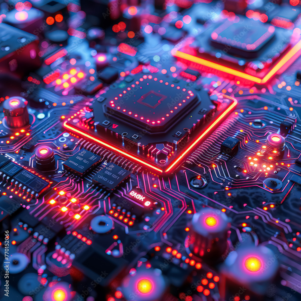 Poster a close up of a computer chip with a red glow. the chip is a microprocessor and is surrounded by oth
