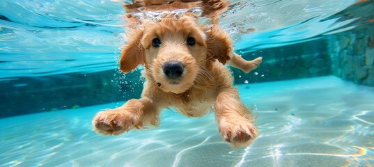 Whimsical underwater image of dog diving deep on summer vacation, close up capture of playful pet