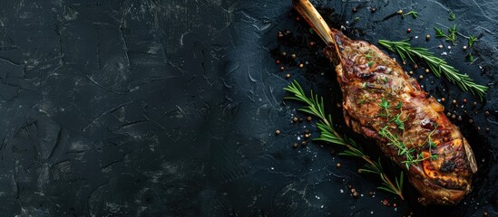 Whole leg of lamb mutton roasted in the oven with thyme on a black surface, seen from above with...