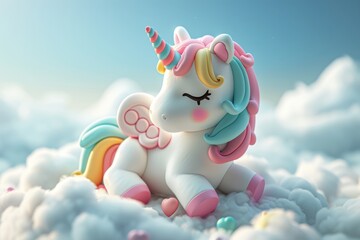 A toy unicorn sitting on top of a cloud.