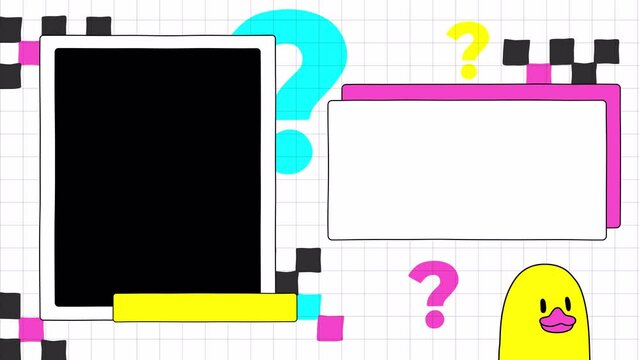 Cartoon frame with animated sticker characters and question marks. Transparent background for video or photo and empty place for text. Media placeholder. Animation in hand drawn outline comic style.