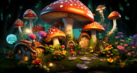 colorful fairy mushroom house with gnome and gnomes on a moss covered island - obrazy, fototapety, plakaty