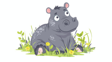 Cartoon baby hippo sitting in the grass
