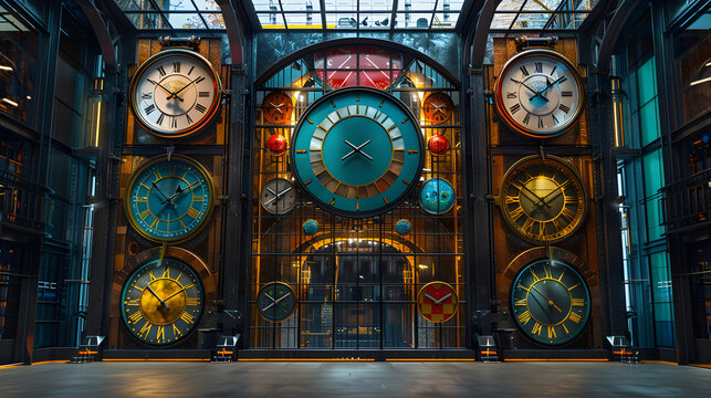Clocks set to different time zones, surrounded by mirrors, reflecting the constant movement and global reach of busy people as they navigate different time zones and international