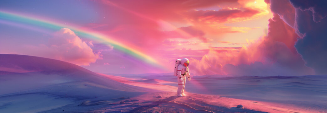 Sci-fi landscape with rainbow and astronaut