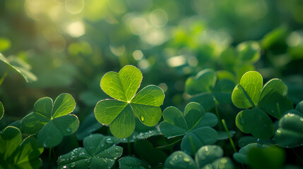 four leaf clover st Patrick's day background, Natural green dark background. Plant and herb texture. Leafs green young fresh oxalis, shamrock, Generative AI  - obrazy, fototapety, plakaty