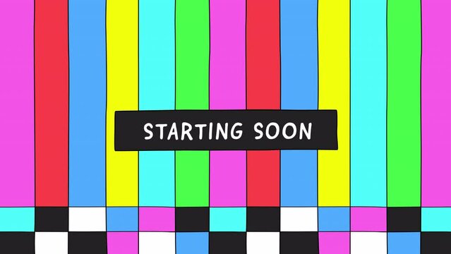 Cartoon animation of no signal color bars tv screen background with starting soon title text. Data error, damage, stand by. Retro vintage hand drawn outline comic style.
