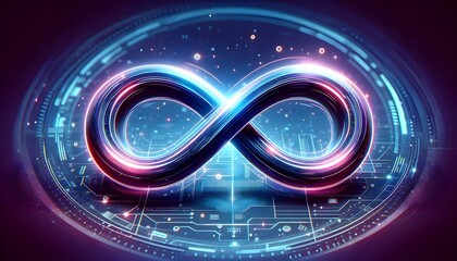This image portrays a neon-lit infinity symbol in a vibrant blue and pink color scheme, superimposed on a digital, futuristic circuit board background.

 - obrazy, fototapety, plakaty