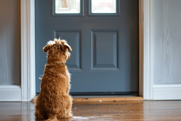 Obraz na płótnie Canvas A loyal dog sits by the front door, patiently waiting for its owner to come home, exemplifying the bond between pets and their owners.