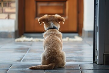 A loyal dog sits by the front door, patiently waiting for its owner to come home, exemplifying the bond between pets and their owners. - obrazy, fototapety, plakaty