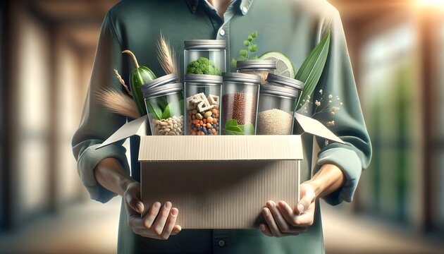 The image displays a person in a green shirt carrying a cardboard box filled with clear containers of various whole foods like grains and vegetables, set against a warm, sunlit corridor.

