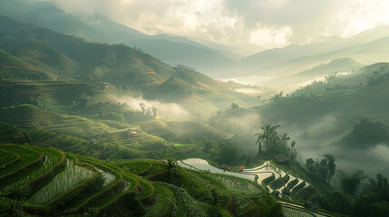A tranquil rice paddy field with terraced hillsides and farmers working in the distance, surrounded by misty mountains